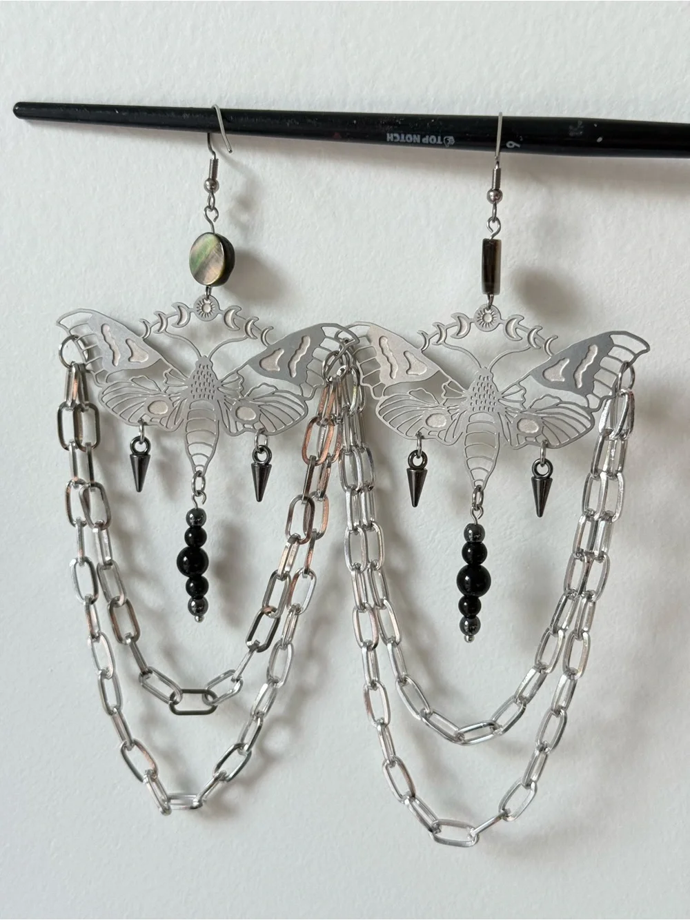 Moth statement earrings black obsidian hematite hanging chains witchy boho festi